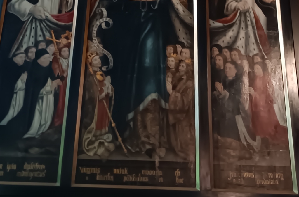 Darstellung von Kaiser Friedrich III. und Maximilian I. unter dem Schutzmantel Mariens, Triptychon der Rosenkranzmadonna, Köln, St. Andreas