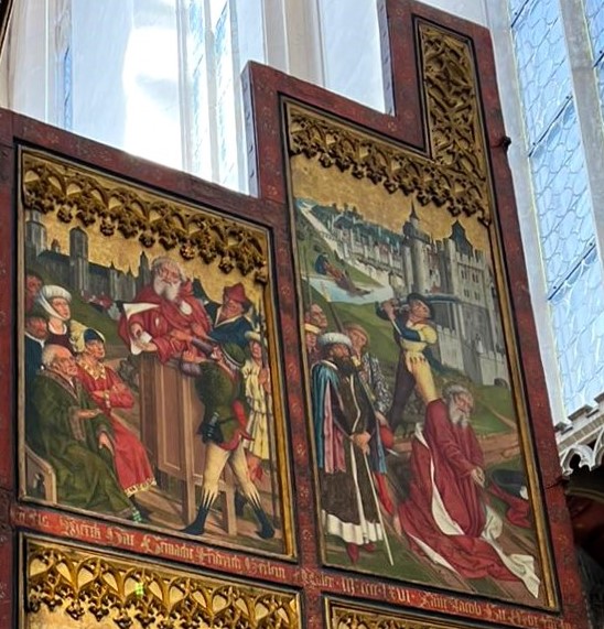 Darstellung der Verhaftung und des Urteils über den Heiligen Jakobus auf dem Zwölf-Boten-Altar in St. Jakob, Rothenburg ob der Tauber.